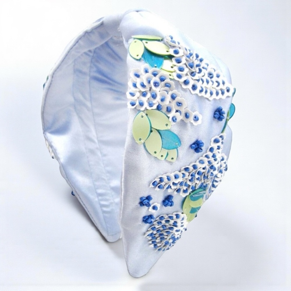 Blue Satin Floral Beaded Headband Sequin Statement Hairband NWT